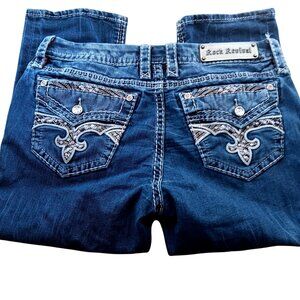 Rock Revival Womens Easy Crop Blue Denim Jeans Size 31 With Embellished Pockets